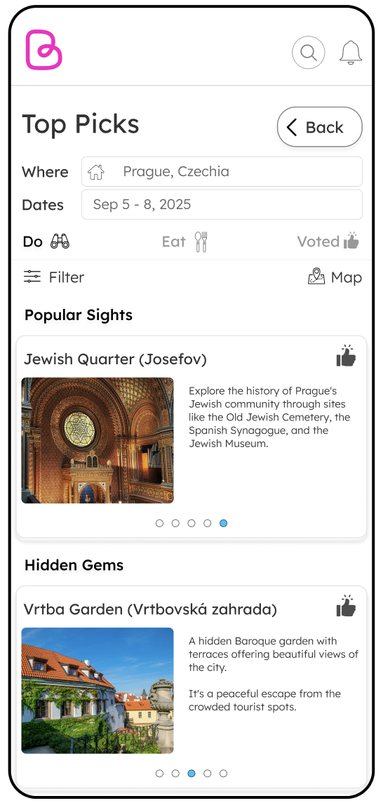App screen showing popular sights and hidden gems for trip planning